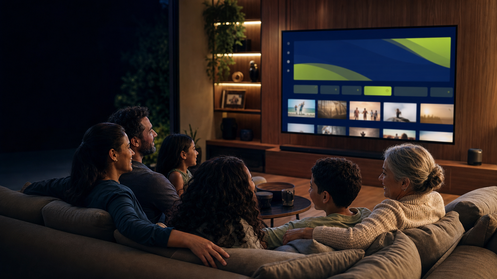 Família reunida em uma sala assistindo à televisão